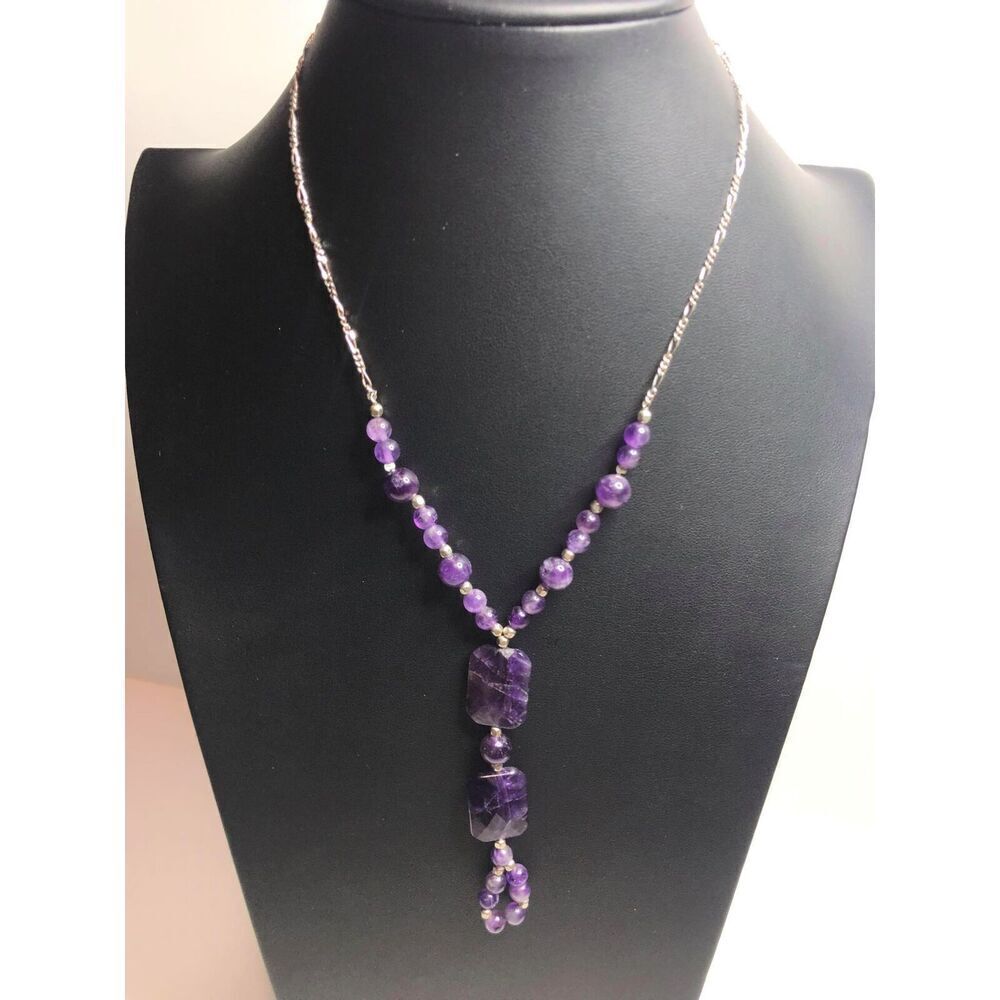 1543 VNTG Amethyst Bead y-drop  925 Sterling silver necklace 17"
